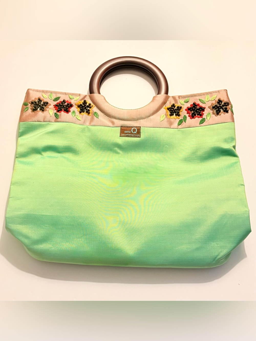 Della Q Mint Green Satin Tote with Blush Embroidered Band - Picture 9 of 9